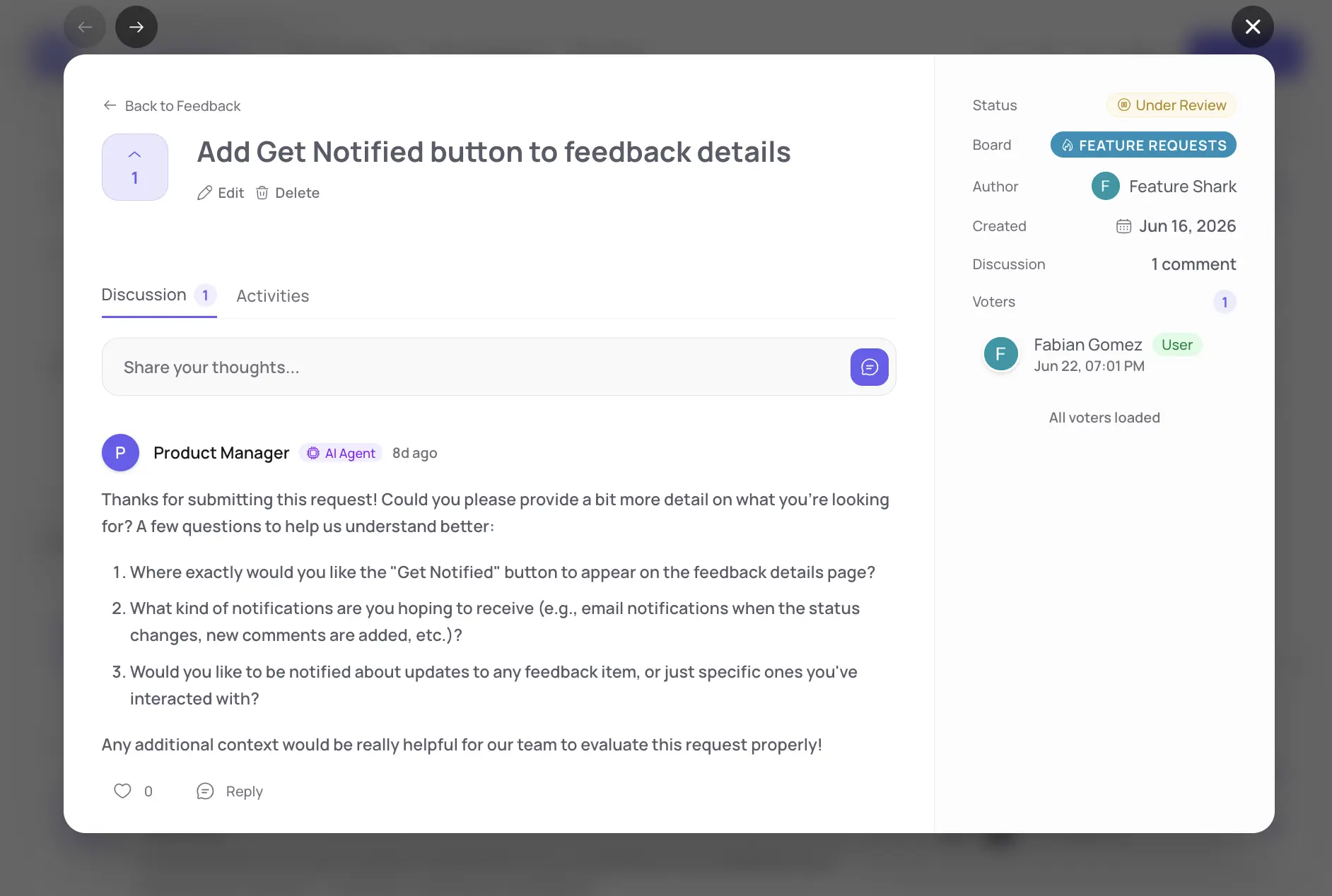 FeatureShark public product manager agent view showing agentic product management workflow for feedback, roadmap, release, surveys, and support